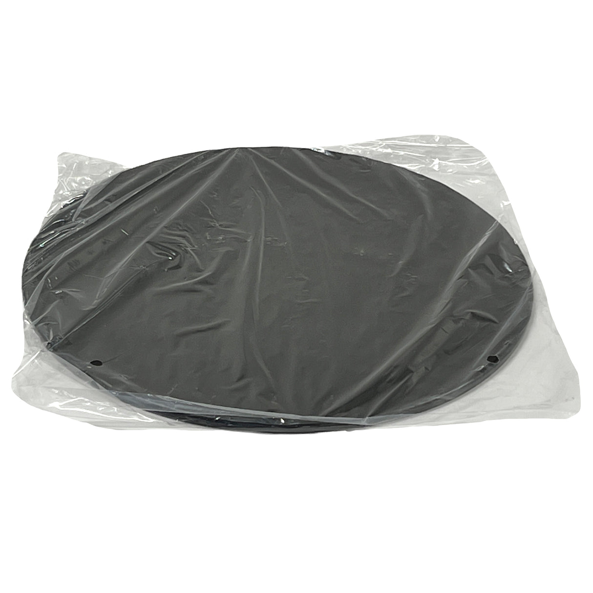 A round, flat black Frostone Collection Display Tray made of break resistant melamine is wrapped in clear plastic. Four small holes are visible near the edges, and the smooth surface is shown against a white background.