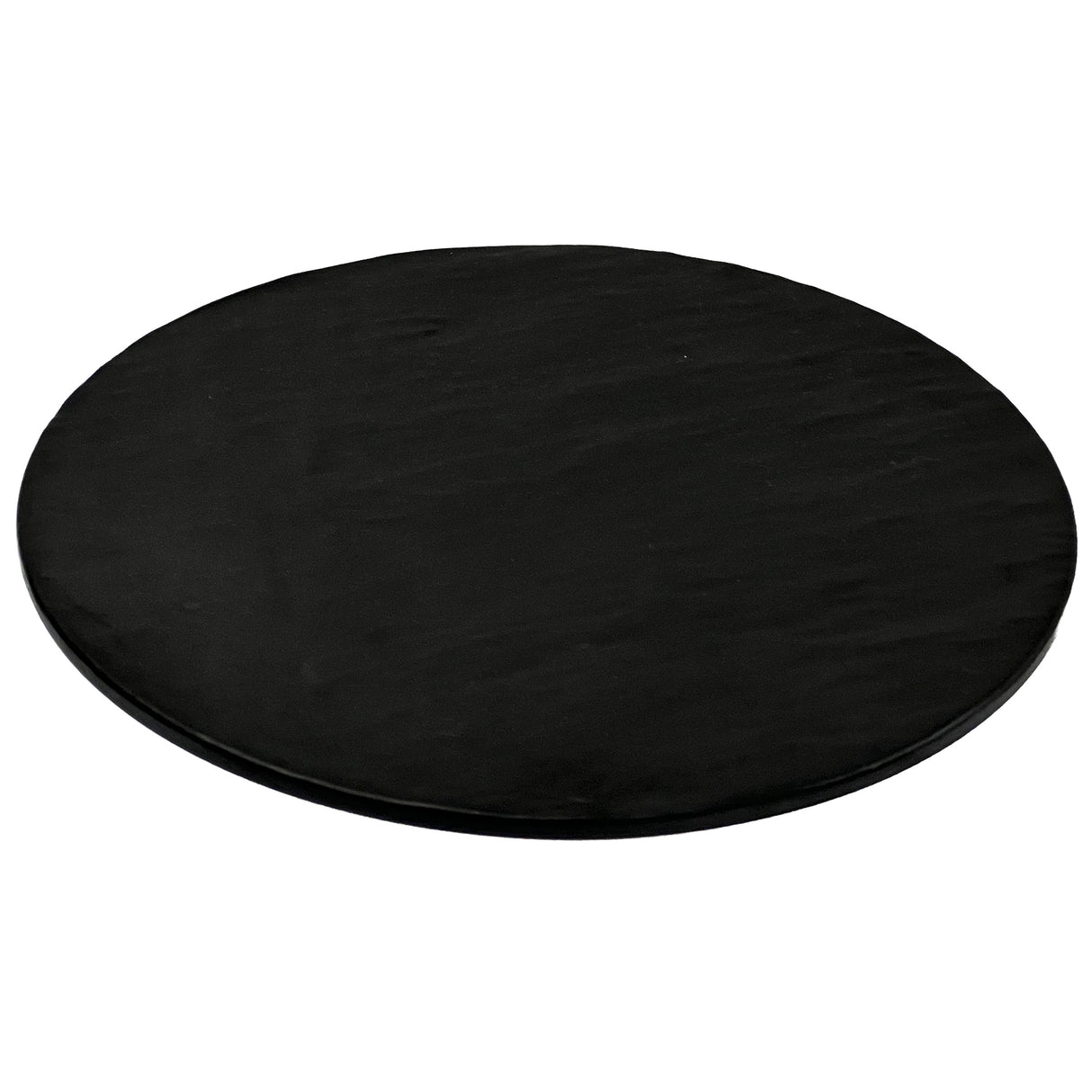 A round, flat, black Frostone Collection Display Tray with a smooth melamine surface and slightly curved edges, break resistant and stylishly placed against a white background.