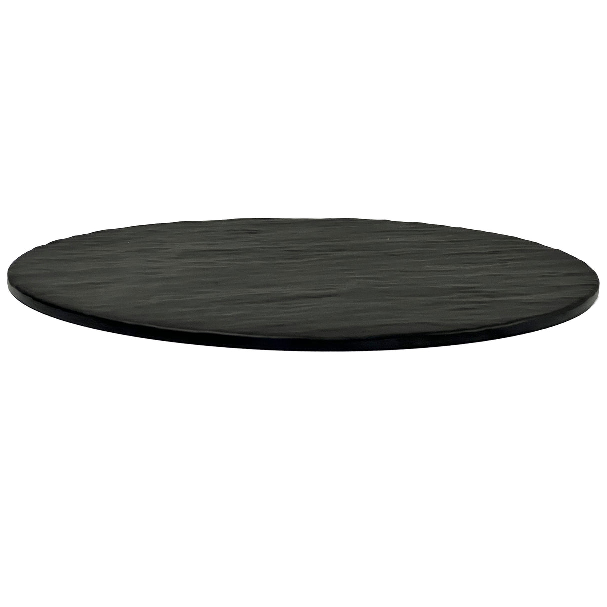A flat, round, black surface resembling a melamine display tray or thin black slate, viewed from an angle that shows its smooth, matte texture and slightly raised edges. The background is plain white.