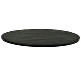 A flat, round, black surface resembling a melamine display tray or thin black slate, viewed from an angle that shows its smooth, matte texture and slightly raised edges. The background is plain white.