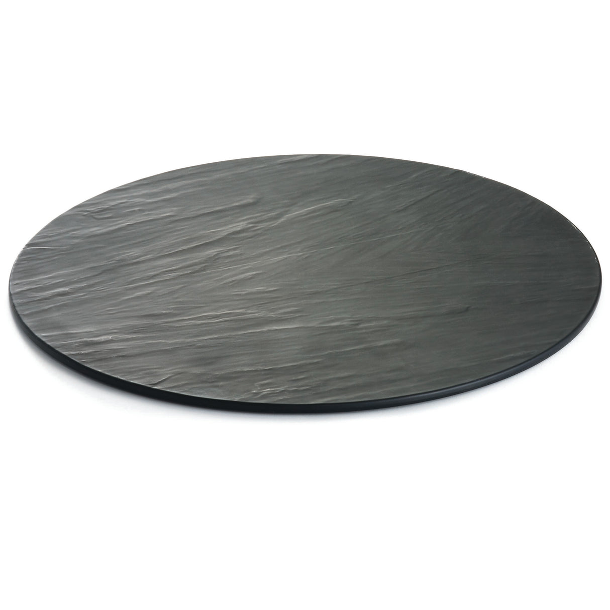 A round, flat, black Frostone Collection Display Tray with a textured surface and subtle grooves. This break resistant tray features a matte finish and is photographed on a white background.