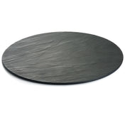 A round, flat, black Frostone Collection Display Tray with a textured surface and subtle grooves. This break resistant tray features a matte finish and is photographed on a white background.
