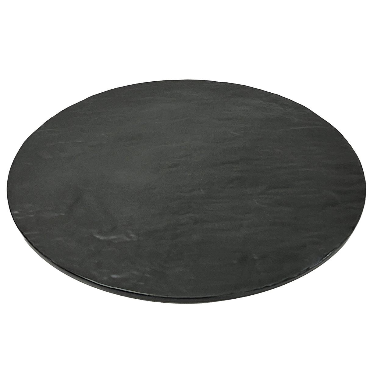A black, round, flat melamine display tray with a slightly textured, matte surface. The edges are smooth and the plate sits on a white background, appearing minimalist and modern in design.