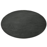A black, round, flat melamine display tray with a slightly textured, matte surface. The edges are smooth and the plate sits on a white background, appearing minimalist and modern in design.