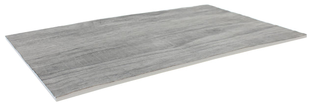 A rectangular, flat sheet of gray material with a subtle wood grain texture, this Frostone Collection Serving Tray is thin and lightweight, with one edge gently curved upward, evoking the look of a distressed wood tray in modern melamine.