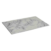 A rectangular Frostone Display Tray with a white marble background and gray veining pattern, lying flat on a white surface and viewed from a slight angle above. The melamine tray features a smooth, glossy finish for an elegant look.
