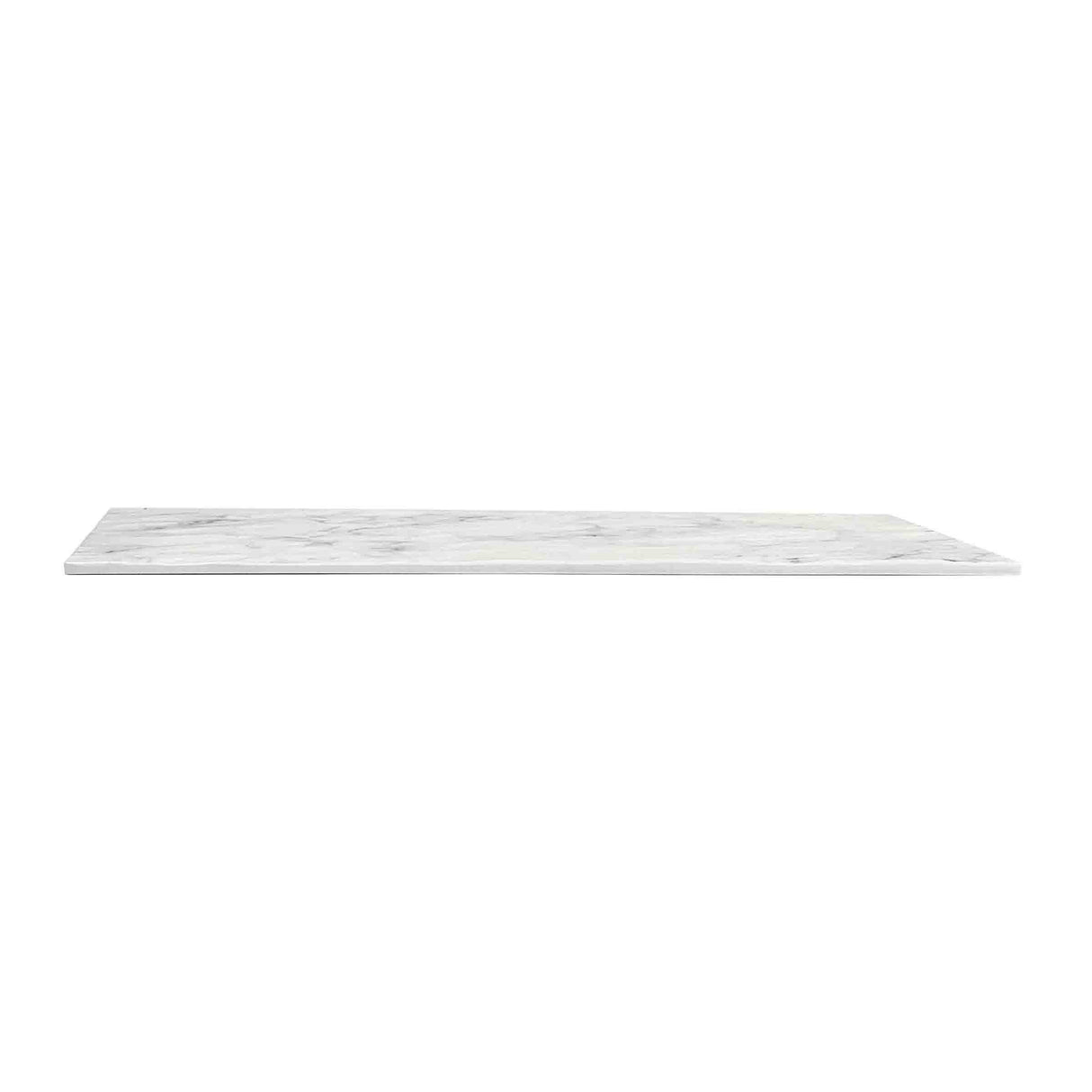 A rectangular, flat slab resembling a Frostone Display Tray in white marble with subtle gray veining, viewed from the side against a plain white background. The polished surface is thin and smooth, ideal as a countertop or melamine tray alternative.