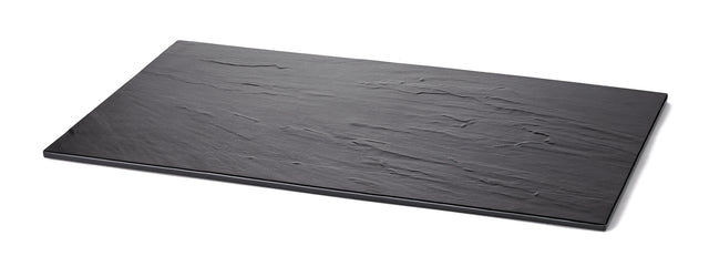 A rectangular black slate display tray with a natural, textured surface is shown on a white background. The edges are slightly raised and the matte finish highlights the stone’s subtle grooves and irregular patterns.