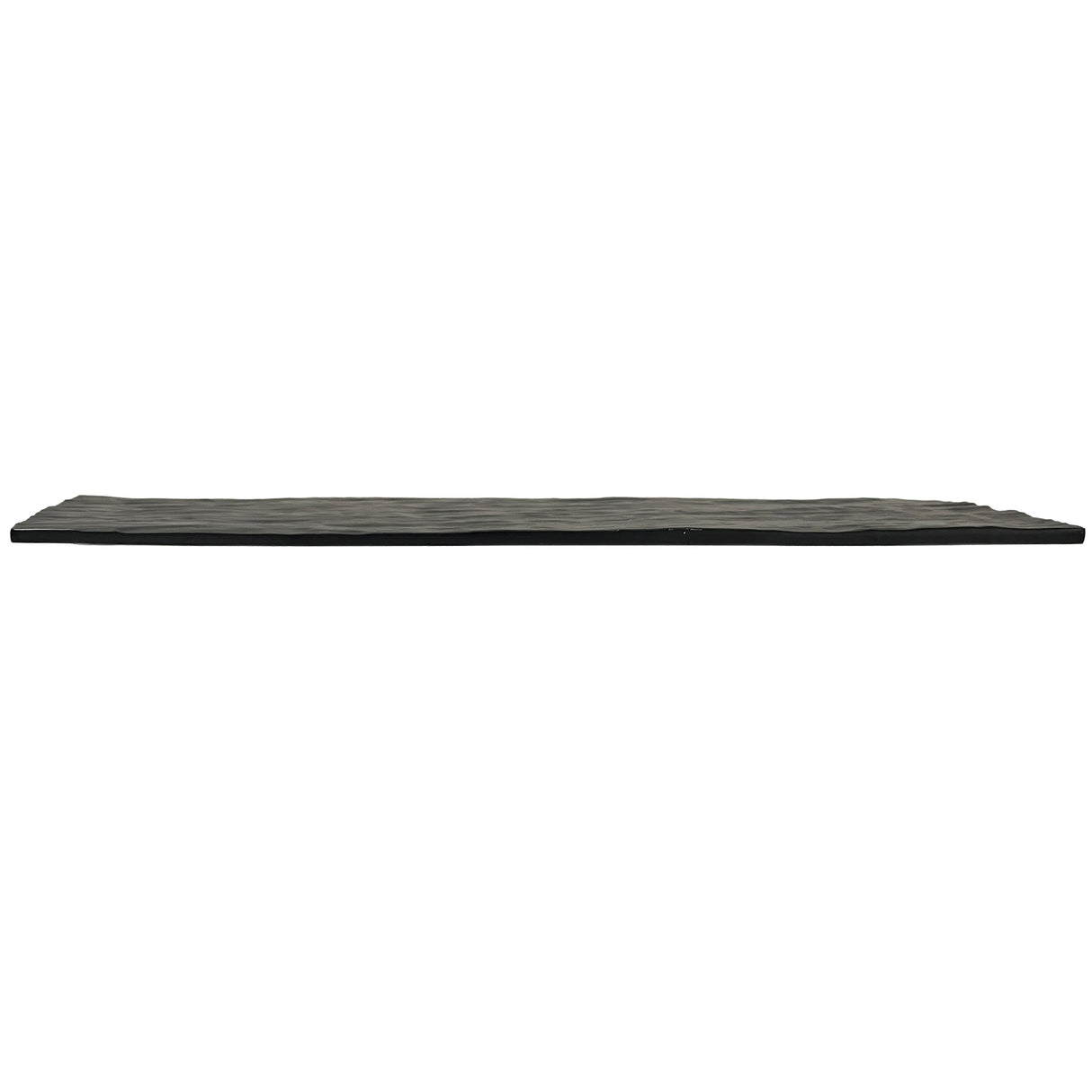 A thin, rectangular, dark slate display tray is shown against a white background, viewed from the side, highlighting its slim profile and slightly uneven, natural-looking surface and edges.