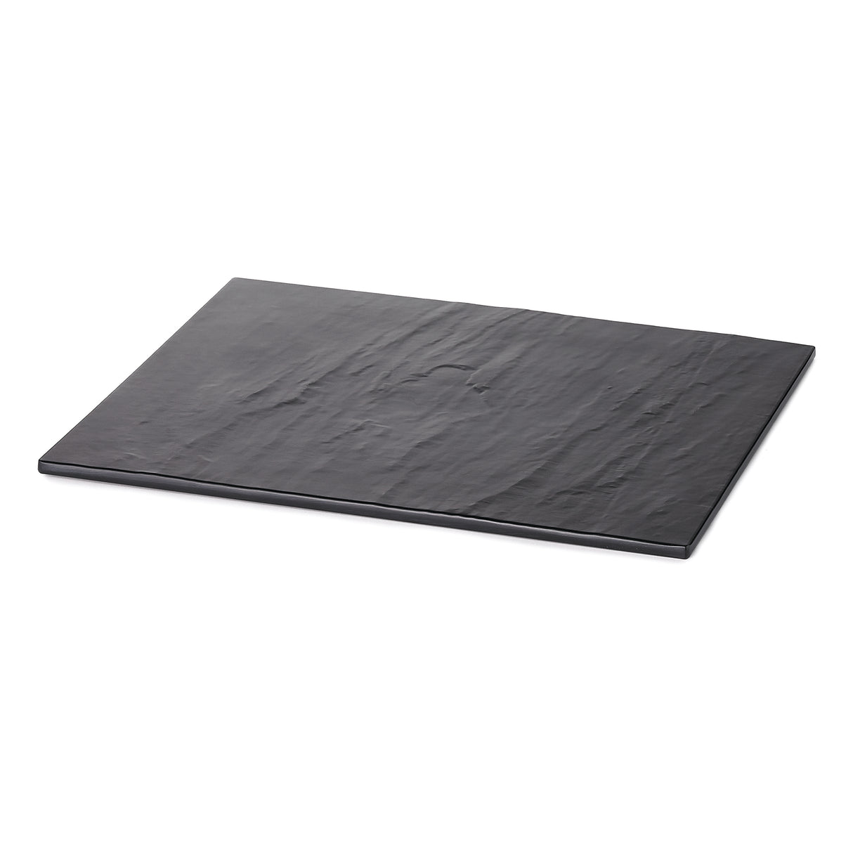 A rectangular, flat black slate display tray with rough, natural texture and subtle surface variations. The break resistant slab is photographed against a white background, positioned at an angle so both the top and one side edge are visible.