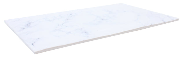 A rectangular display tray crafted from white marble with light gray veining, photographed against a white background. The smooth, polished surface features clean, slightly beveled edges, highlighting both the top and one side of the tray.