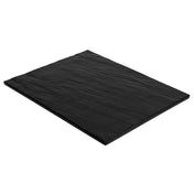 A rectangular, thin, flat black melamine display tray with a slightly textured, uneven surface. This break resistant plate is shown on a white background, viewed at an angle that reveals its slim profile and square edges.