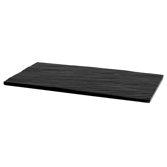 A rectangular, flat black slate display tray with a textured, uneven surface and smooth edges, displayed against a plain white background. The board appears thin and break resistant, viewed from a slightly angled perspective.