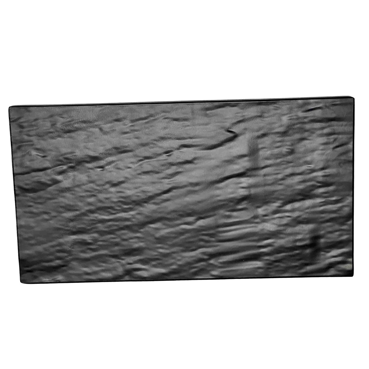 A rectangular, crinkled black slate display tray lies flat against a white background. Its wavy wrinkles and slightly glossy texture create striking patterns of light and shadow across the melamine surface.