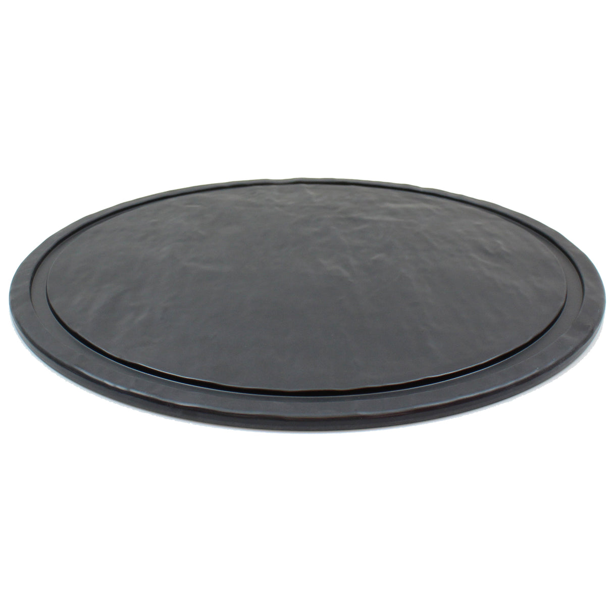 A round, flat, black Frostone Collection Display Tray with a slightly raised edge and textured surface, photographed against a white background. This melamine display tray is designed for carrying food or drinks with style and durability.