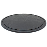 A round, flat, black Frostone Collection Display Tray with a slightly raised edge and textured surface, photographed against a white background. This melamine display tray is designed for carrying food or drinks with style and durability.