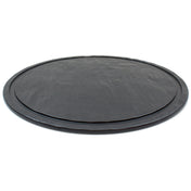 A round, flat, black Frostone Collection Display Tray with a slightly raised edge and textured surface, photographed against a white background. This melamine display tray is designed for carrying food or drinks with style and durability.