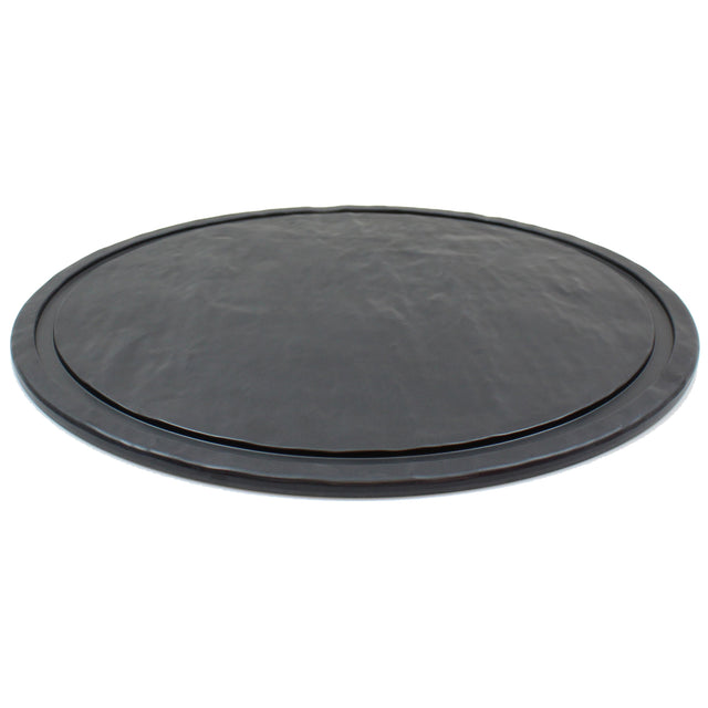 A round, flat, black Frostone Collection Display Tray with a slightly raised edge and textured surface, photographed against a white background. This melamine display tray is designed for carrying food or drinks with style and durability.