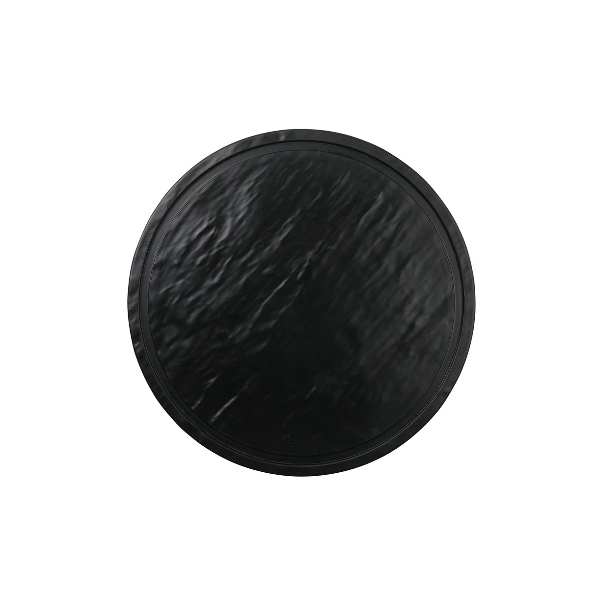 A round, flat Frostone Collection Display Tray with a slightly raised edge, viewed from above. The smooth, glossy black surface has subtle reflections. The background is plain and white.