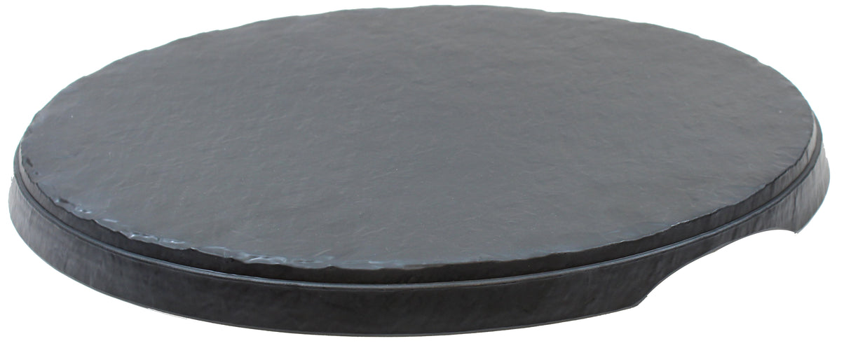 A round, black Frostone Collection Display Tray with a slightly textured surface and a small notch for easy handling, crafted from break resistant melamine for durability. Shown on a white background.