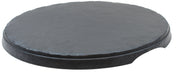A round, black Frostone Collection Display Tray with a slightly textured surface and a small notch for easy handling, crafted from break resistant melamine for durability. Shown on a white background.