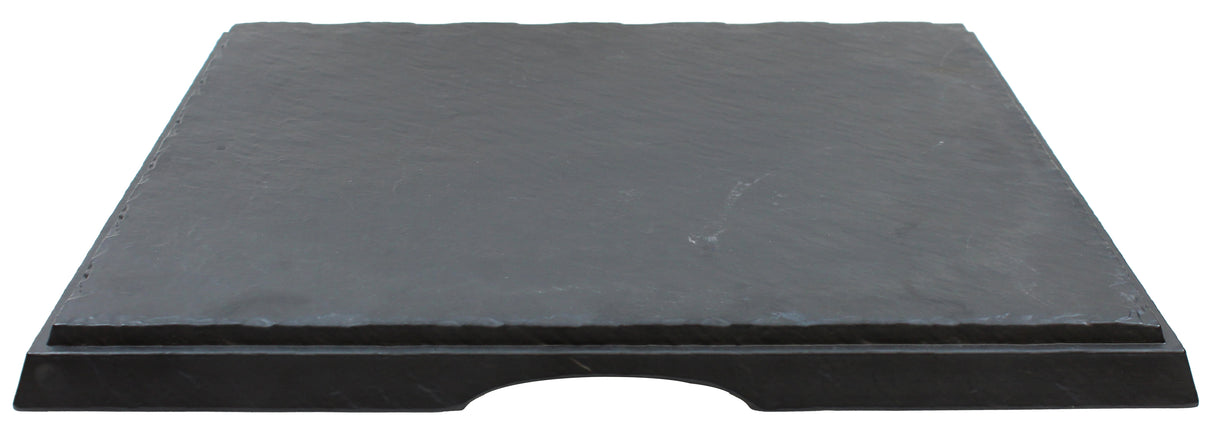 A square, flat, black Frostone Collection Display Tray with a raised edge and a semicircular notch at the bottom center. The matte, natural texture and uneven edges suggest it is a break resistant melamine tray for serving or display.