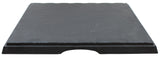 A square, flat, black Frostone Collection Display Tray with a raised edge and a semicircular notch at the bottom center. The matte, natural texture and uneven edges suggest it is a break resistant melamine tray for serving or display.