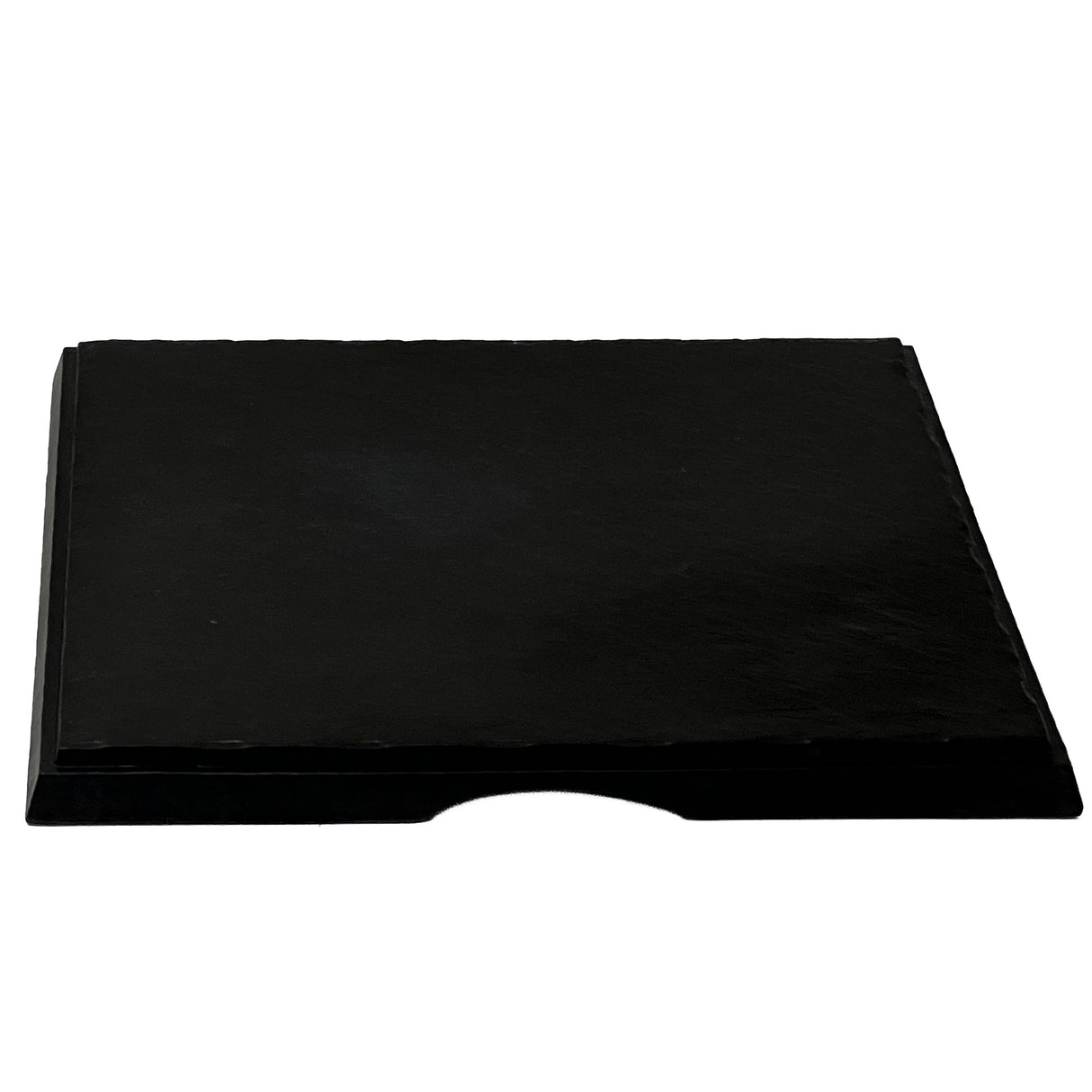 A rectangular black Frostone Collection Display Tray with a flat, matte surface and a small curved notch on the front edge. This break resistant melamine tray features slightly raised edges and is set against a white background.