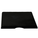 A rectangular black Frostone Collection Display Tray with a flat, matte surface and a small curved notch on the front edge. This break resistant melamine tray features slightly raised edges and is set against a white background.