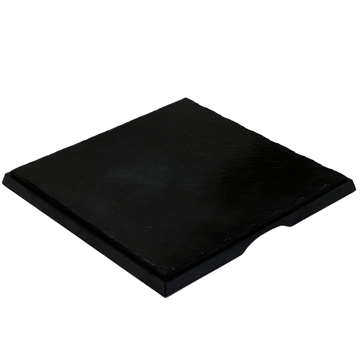 A square black Frostone Collection Display Tray with a slightly textured surface and rough edges, featuring a small semicircular notch on one side. This break resistant melamine tray sits on a plain white background.
