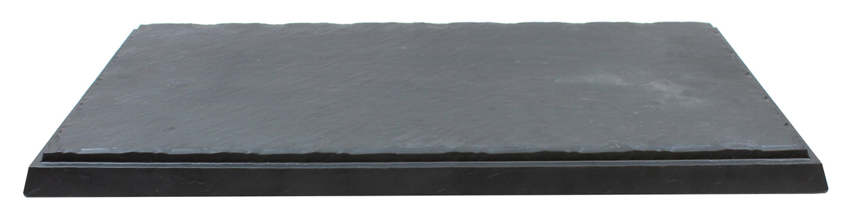 A rectangular, flat, dark gray slate display tray with rough, uneven edges is shown against a white background. Its matte finish and subtle texture give it a natural stone appearance while being break resistant melamine.