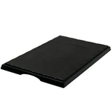 A rectangular, flat, black melamine display tray with slightly raised edges, smooth surface, and a semi-circular cutout on one short side for easy gripping; its break resistant design ensures lasting durability.