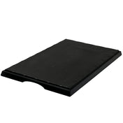 A rectangular, flat, black melamine display tray with slightly raised edges, smooth surface, and a semi-circular cutout on one short side for easy gripping; its break resistant design ensures lasting durability.