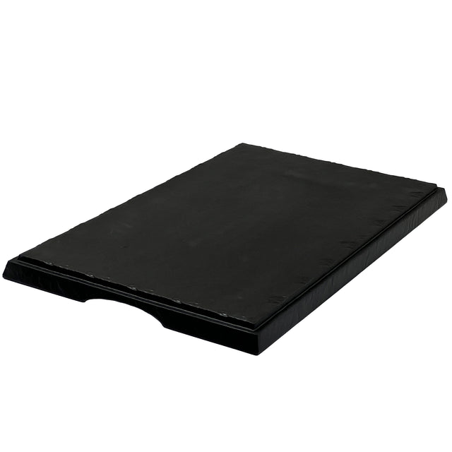 A rectangular, flat, black melamine display tray with slightly raised edges, smooth surface, and a semi-circular cutout on one short side for easy gripping; its break resistant design ensures lasting durability.