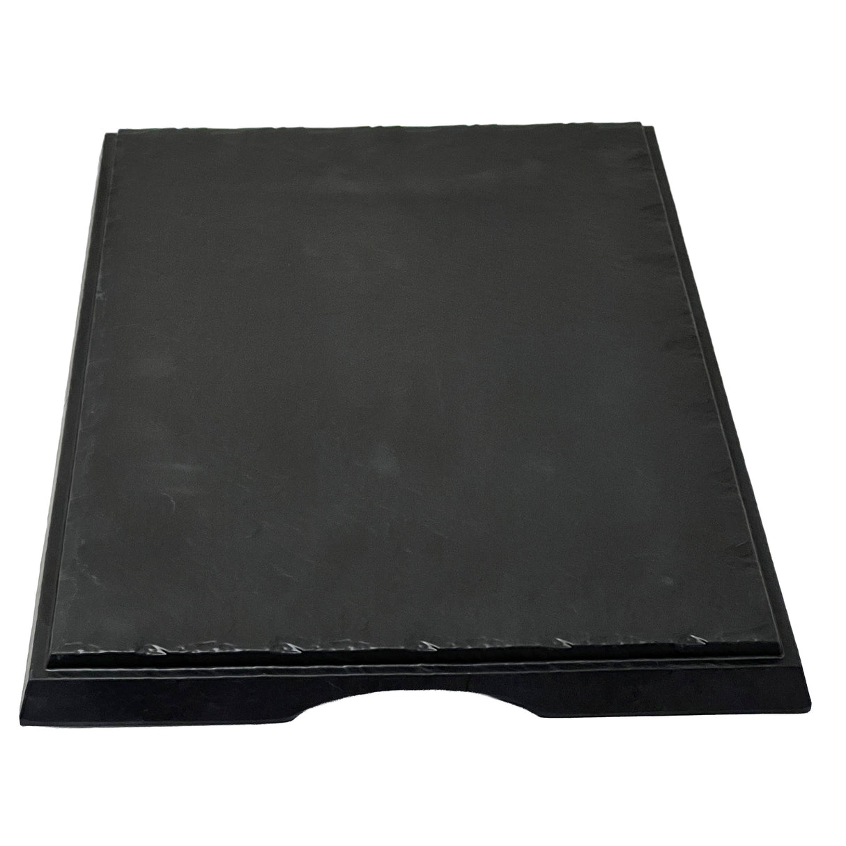 A black, rectangular melamine display tray with a slightly raised border and a curved notch at the center of one edge is photographed on a white background. Its smooth, matte surface offers a minimalistic, modern look while being break resistant.