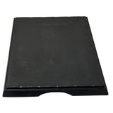 A black, rectangular melamine display tray with a slightly raised border and a curved notch at the center of one edge is photographed on a white background. Its smooth, matte surface offers a minimalistic, modern look while being break resistant.