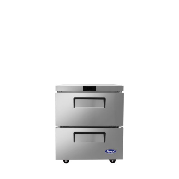 A stainless steel Atosa undercounter freezer with two pull-out drawers, small wheels at the base, and a blue Atosa logo on the bottom right corner. The boxy, modern design is ideal for professional kitchens. The background is plain white.