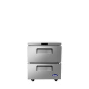 A stainless steel Atosa undercounter freezer with two pull-out drawers, small wheels at the base, and a blue Atosa logo on the bottom right corner. The boxy, modern design is ideal for professional kitchens. The background is plain white.