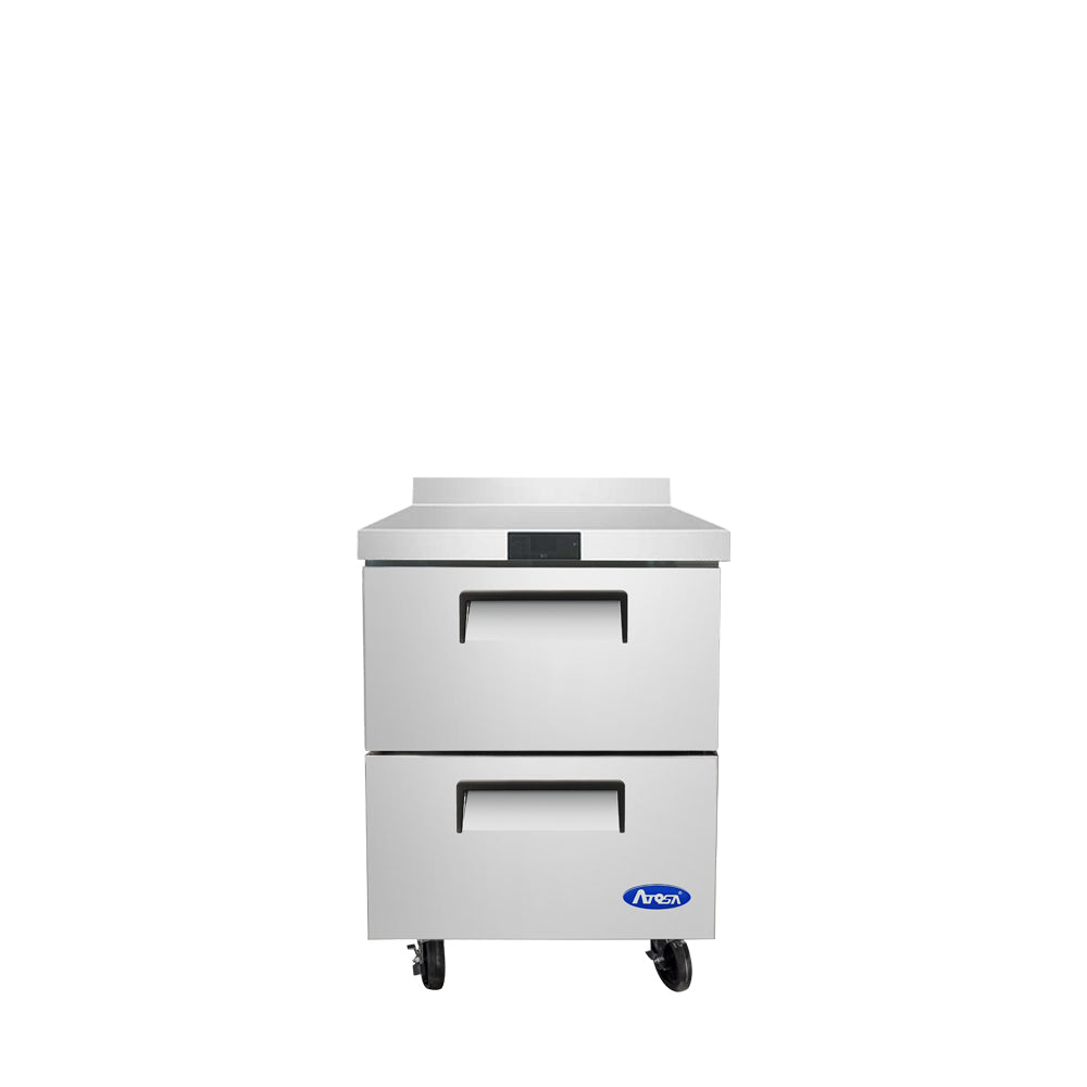 A stainless steel freezer from Atosa featuring two pull-out drawers on wheels. This commercial worktop unit has a digital display above and the Atosa brand logo in blue, set against a plain white background.