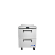 A stainless steel freezer from Atosa featuring two pull-out drawers on wheels. This commercial worktop unit has a digital display above and the Atosa brand logo in blue, set against a plain white background.
