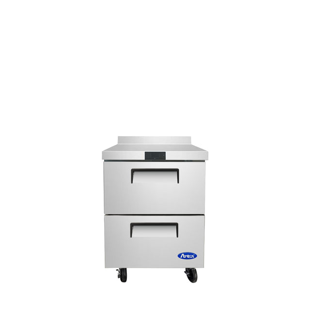 A stainless steel freezer from Atosa featuring two pull-out drawers on wheels. This commercial worktop unit has a digital display above and the Atosa brand logo in blue, set against a plain white background.
