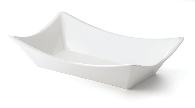 A modern, rectangular serving bowl from the Grand Master Collection, crafted in white ceramic with flared, upturned edges and a smooth, glossy surface. Displayed empty on a white background.