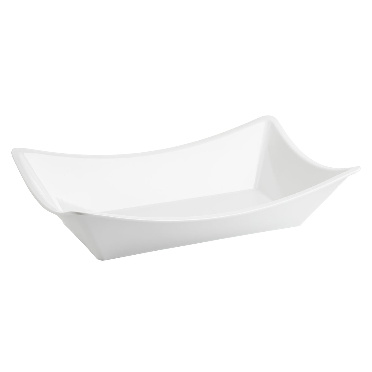 A rectangular bowl from the Grand Master Collection, this modern white ceramic dish features gently curved, upward-sloping sides and a smooth, glossy surface. Its minimalist design offers an elegant, contemporary look for serving or décor against a plain white background.