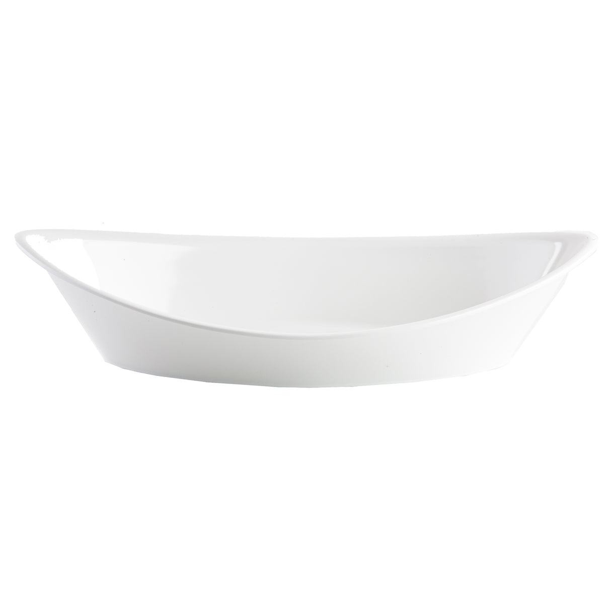 A plain, white, oval-shaped ceramic dish with slightly flared sides and a smooth, glossy surface. Dishwasher safe, the dish is empty and set against a plain white background, viewed from a side angle.
