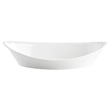 A plain, white, oval-shaped ceramic dish with slightly flared sides and a smooth, glossy surface. Dishwasher safe, the dish is empty and set against a plain white background, viewed from a side angle.