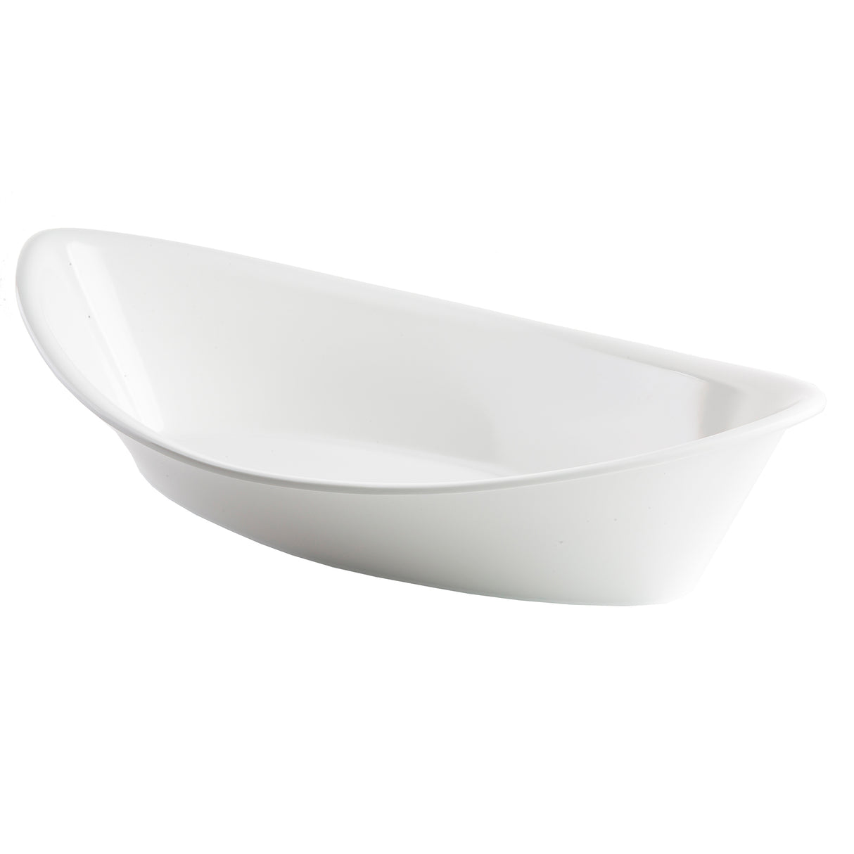 A white, oval-shaped melamine dish with smooth, slightly curved sides and a glossy finish, viewed at an angle against a plain white background. The modern, minimalist design is dishwasher safe and entirely empty.