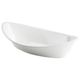 A white, oval-shaped melamine dish with smooth, slightly curved sides and a glossy finish, viewed at an angle against a plain white background. The modern, minimalist design is dishwasher safe and entirely empty.
