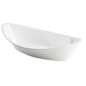 A white, oval-shaped melamine dish with smooth, slightly curved sides and a glossy finish, viewed at an angle against a plain white background. The modern, minimalist design is dishwasher safe and entirely empty.