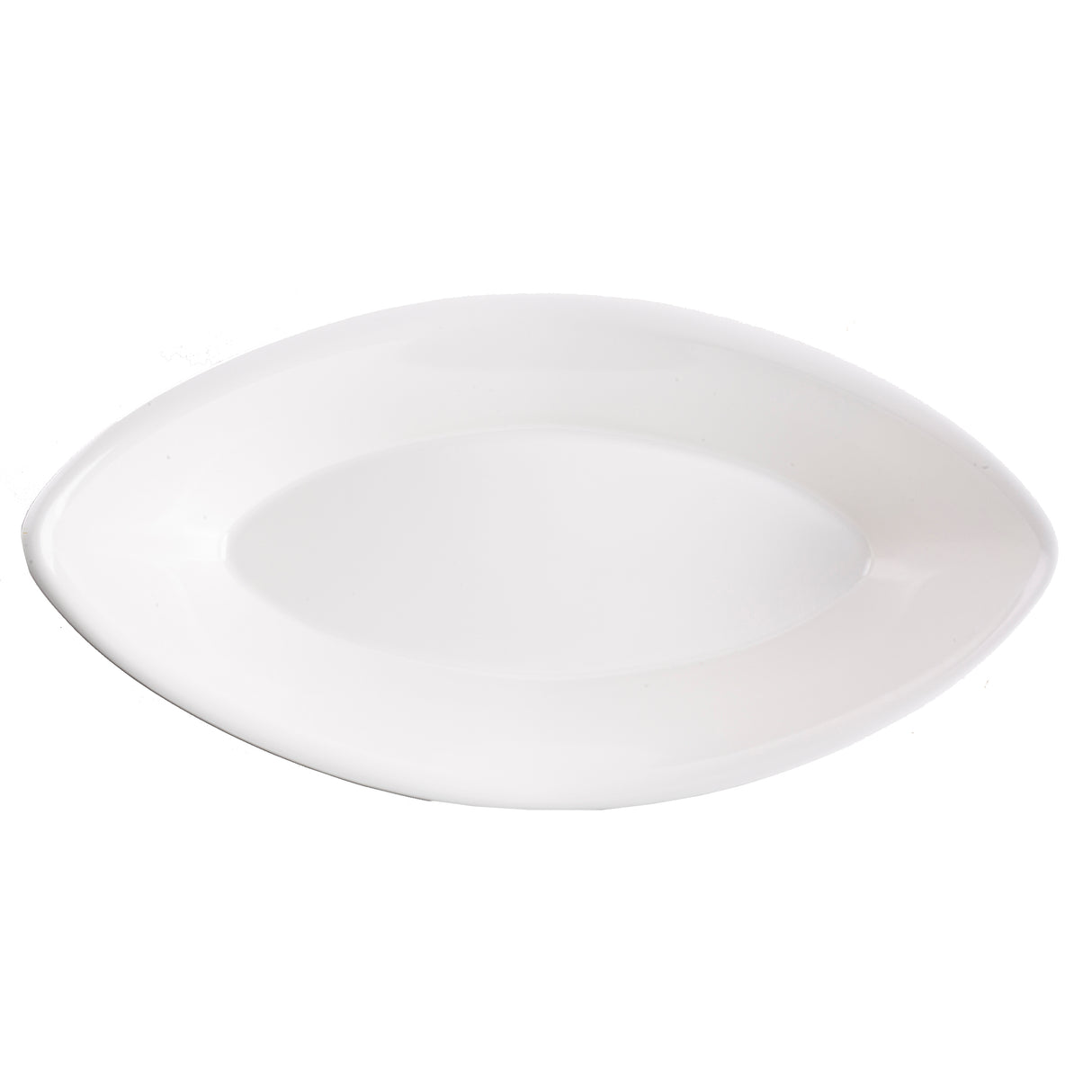 A plain, white, oval-shaped ceramic plate sits on a white background. The plate has smooth edges and a slightly raised rim, is dishwasher safe, and features no patterns or decorations, giving it a simple, modern appearance.