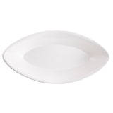 A plain, white, oval-shaped ceramic plate sits on a white background. The plate has smooth edges and a slightly raised rim, is dishwasher safe, and features no patterns or decorations, giving it a simple, modern appearance.